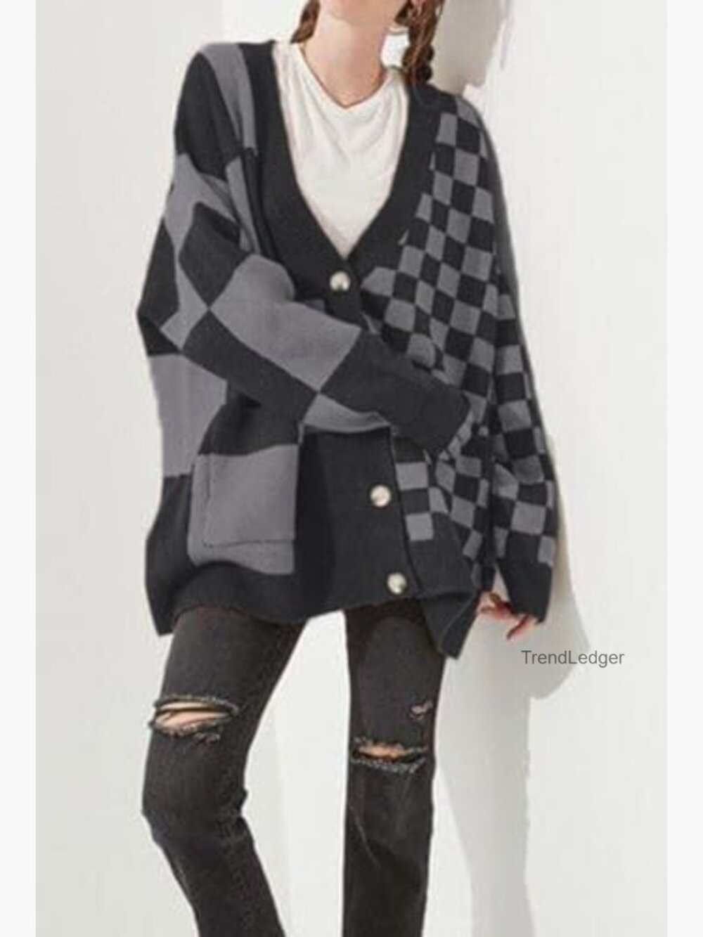 Slouchy Checkered Cardigan Oversized Open Front Plaid Knit Sweater Coat - Picture 2 of 4